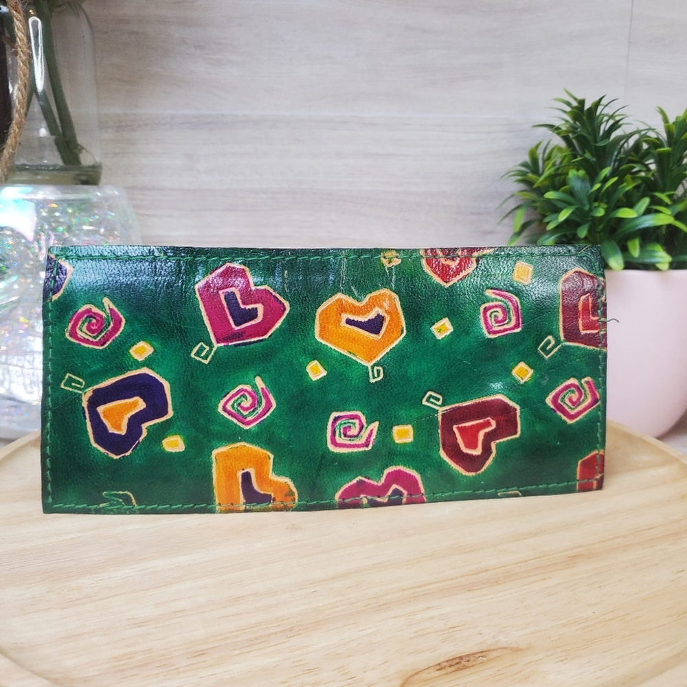 Vintage Made In India Painted Leather Long Wallet Card Holder Hearts Green